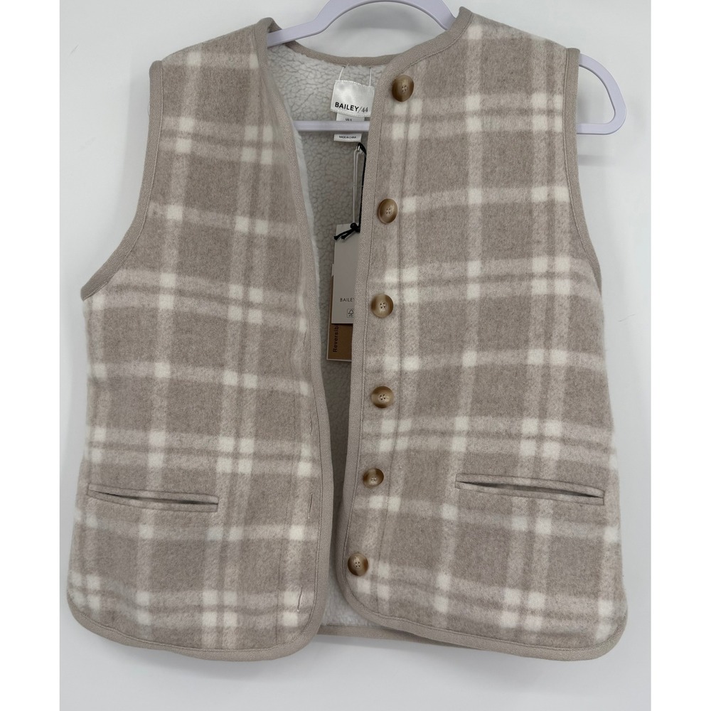 Bailey 44 Reversible Plaid Wool Blend Faux Shearling Vest Tan White Small NEW